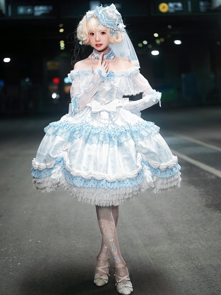 Hime Mini Veil KC Blue Hat Full Off + Cuffs Choker Dress Shoulder Wrist Set Lolita
