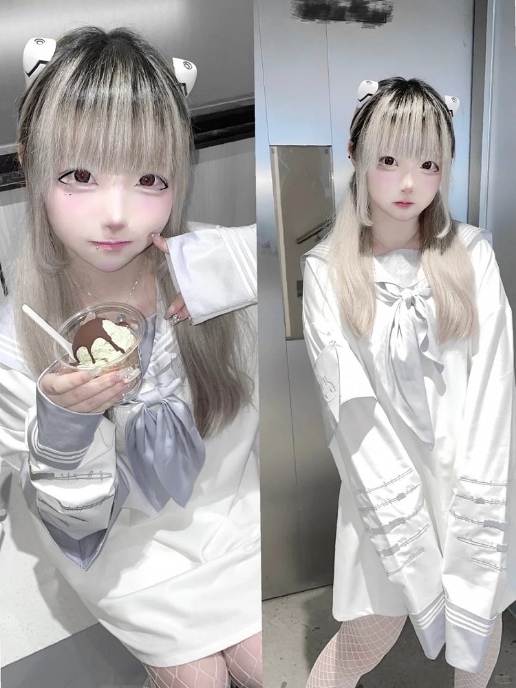 with Bunny Colors Style Landmine Embroidery in Collar 4 Sailor Sleeve Top Long Scar