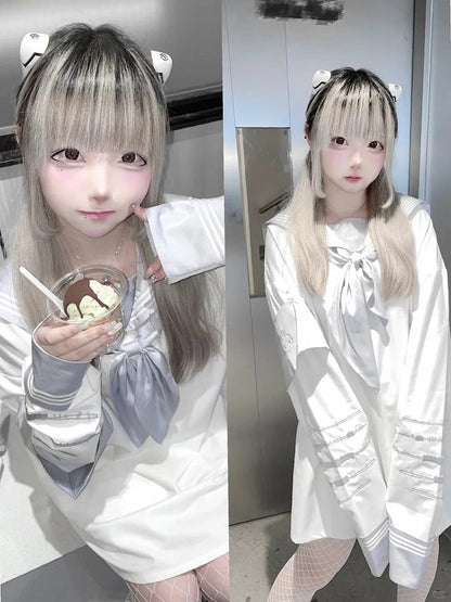 with Bunny Colors Style Landmine Embroidery in Collar 4 Sailor Sleeve Top Long Scar