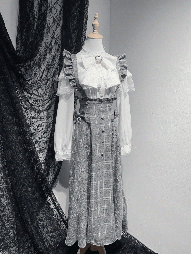 in Overall-Ärmeln, kariert, lang, flatternd, schwarz/grau, abnehmbarer Strass-Kei-Rock, Jirai-Akzente mit Stil