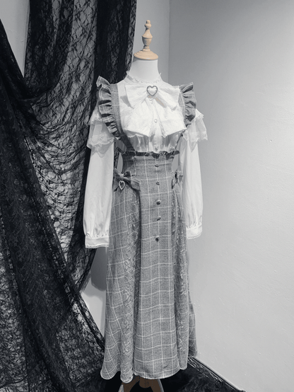 in Overall-Ärmeln, kariert, lang, flatternd, schwarz/grau, abnehmbarer Strass-Kei-Rock, Jirai-Akzente mit Stil