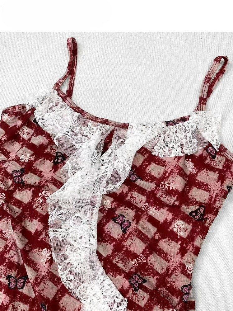 裾の華やかなほろ苦い柄の赤いスカートと白いドレスのキャミソールセット - チェック柄のレースの蝶の非対称 +