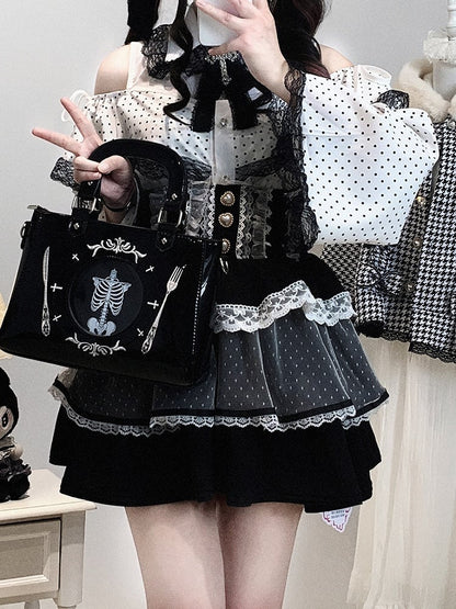 Jirai Sleeves Kei Polka-dot Bell / Blouse | White Pink