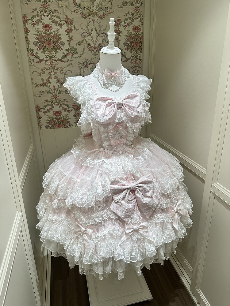 Hanayome-Style Pink Lolita JSK Gown with Multi-Layer Lace Trim and Bow Accent - White Sugar Girl