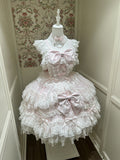 Hanayome-Style Pink Lolita JSK Gown with Multi-Layer Lace Trim and Bow Accent - White Sugar Girl