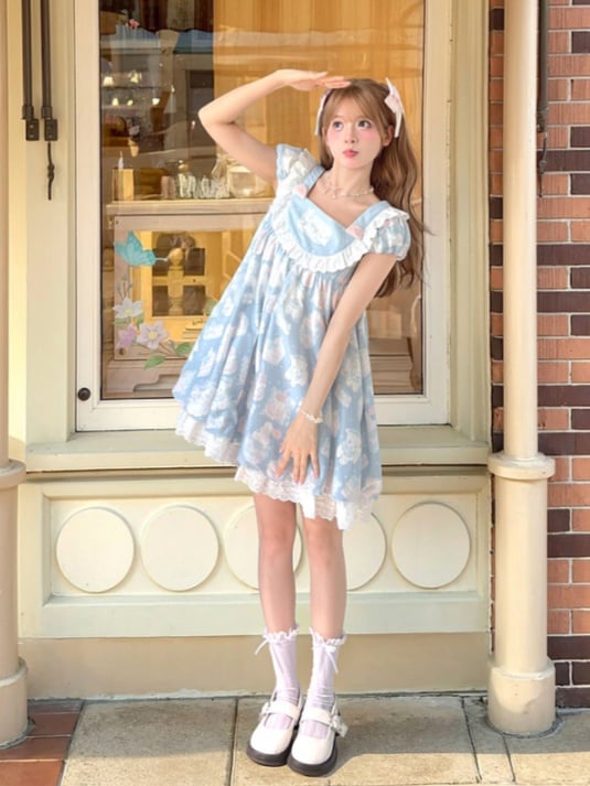Entzückendes süßes Lolita-Kleid mit Lamm-Print, blau, quadratischer Ausschnitt, Puffärmel
