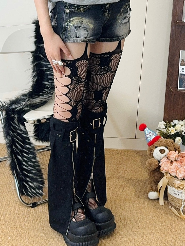 Grau/Weiß/Dunkel Cut-out Strümpfe Straps-Design Pink/Schwarz/Rot