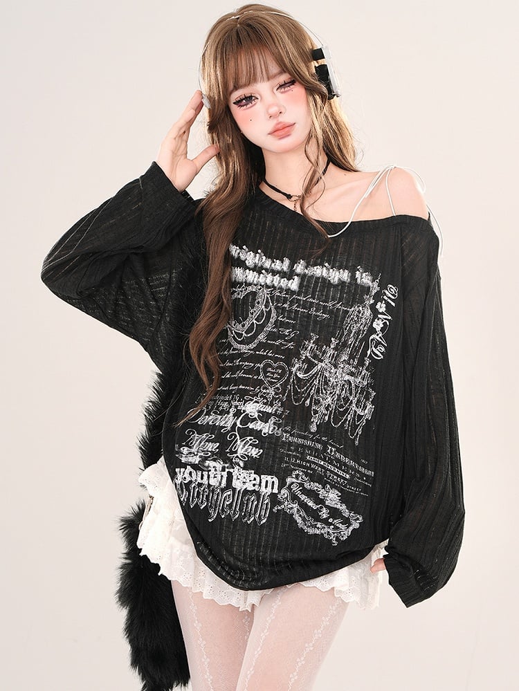 Schwarz/weißes, locker sitzendes, bedrucktes Oberteil mit asymmetrischem Ausschnitt