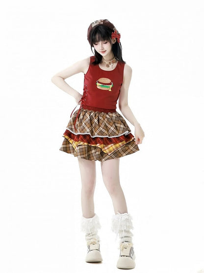 Tiered Skirt Hamburger Theme Pink/Brown Plaid Elastic Waist