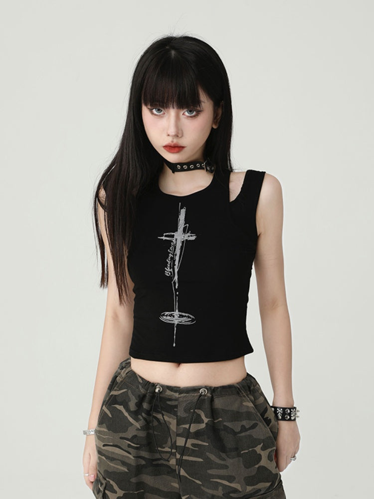 Gothic Black Cross Backless Glamorous Cropped Sleeveless Top
