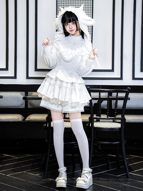 Rüschenträgerkleid Lolita Charm Ausschnitt Weiß Schnürung Kreuz Gothic