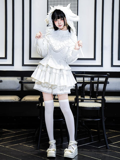 Rüschenträgerkleid Lolita Charm Ausschnitt Weiß Schnürung Kreuz Gothic