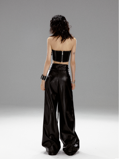 V-neck Black Belts Pants With Graffiti PU Wide-leg Buckle Punk