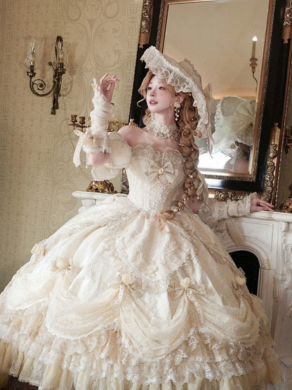 Hime Off-Shoulder Layered Hanayome Ruffles with Gown Lace Details Champagne and Bow Lolita Version Short