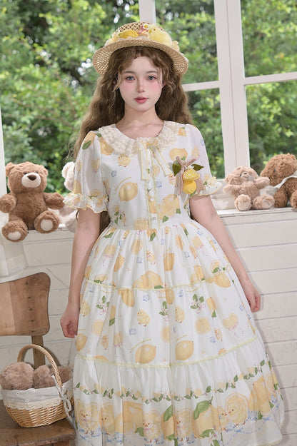 Chick Sleeves for Short Summer White Lolita Dress Print and Lemon Spring