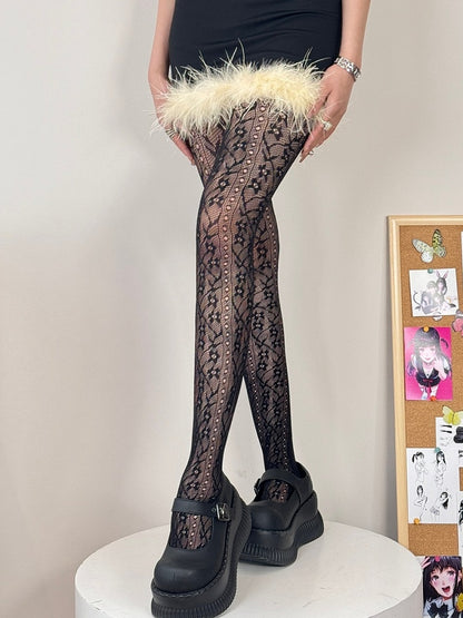 Design Tights Hollow-out Black/White/Gray/Brown/Blue Floral Pattern