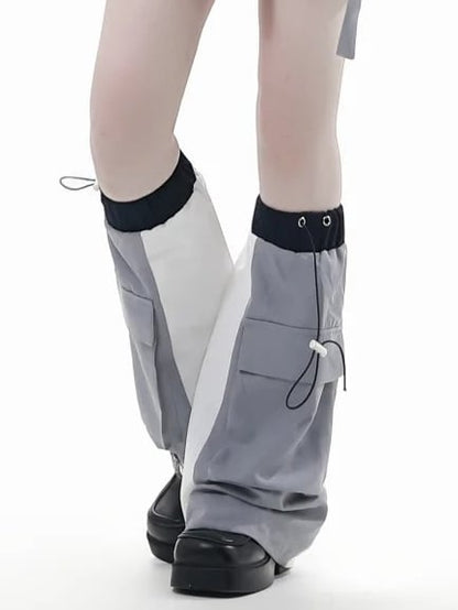 Leg Techwear with White Cuffs Colorblock Gray Warmers Cargo Pocket | Drawstring