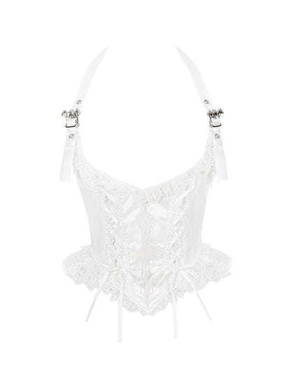 White Cross Embroidery Gothic Corset with Bat Buckle Straps - With PUJI