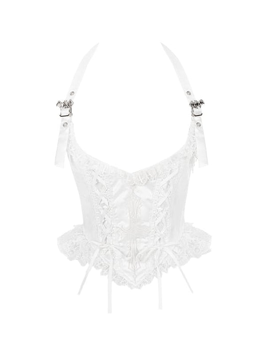 White Cross Embroidery Gothic Corset with Bat Buckle Straps - With PUJI