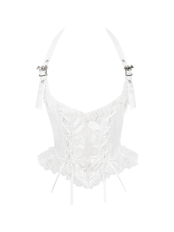 Cross-Stitched Gothic White Corset with Bat Buckle Straps - With PUJI