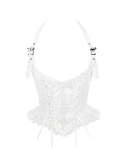 Cross-Stitched Gothic White Corset with Bat Buckle Straps - With PUJI
