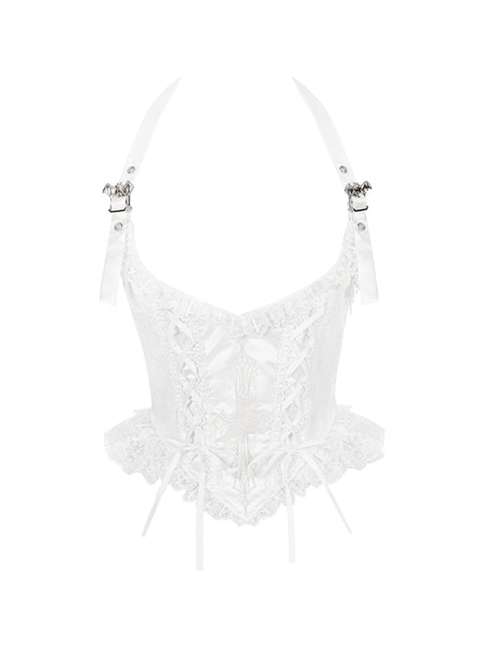 Cross-Stitched Gothic White Corset with Bat Buckle Straps - With PUJI