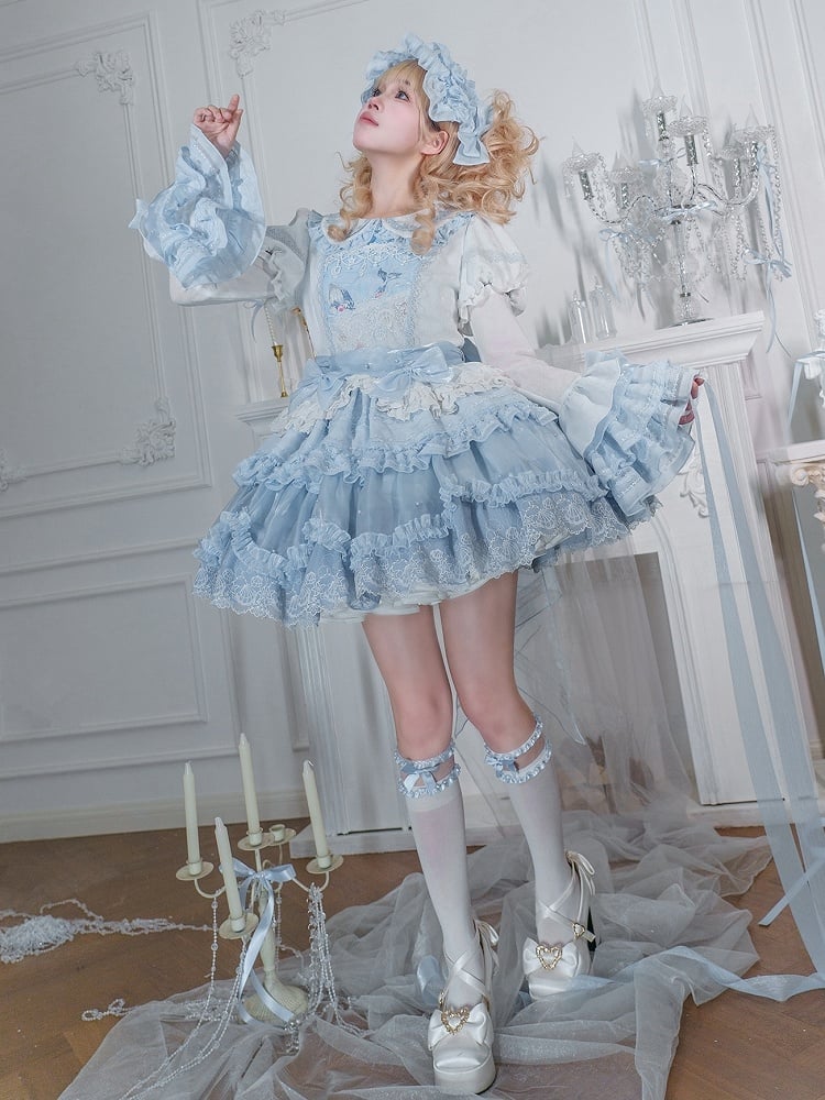 Süße Mieder Ärmeln Abnehmbare Lolita Blau Kleid Strand Wal Druck Stickerei Glocke mit und