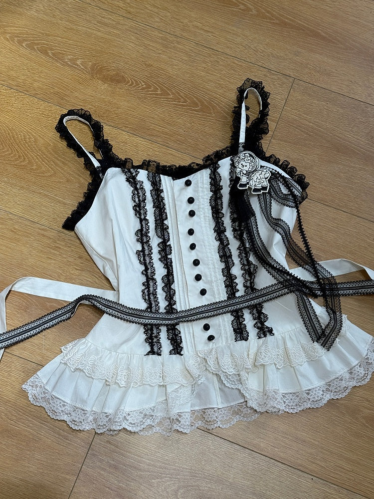 Elegant Lace-Accented Top Black Camisole White Lolita