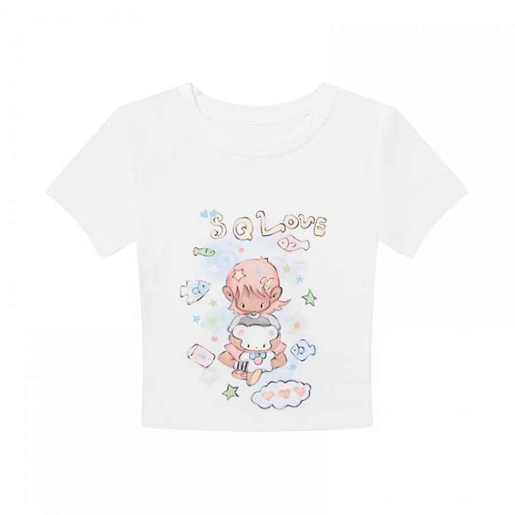 ホワイトラウンドネックかわいい漫画プリントTシャツ