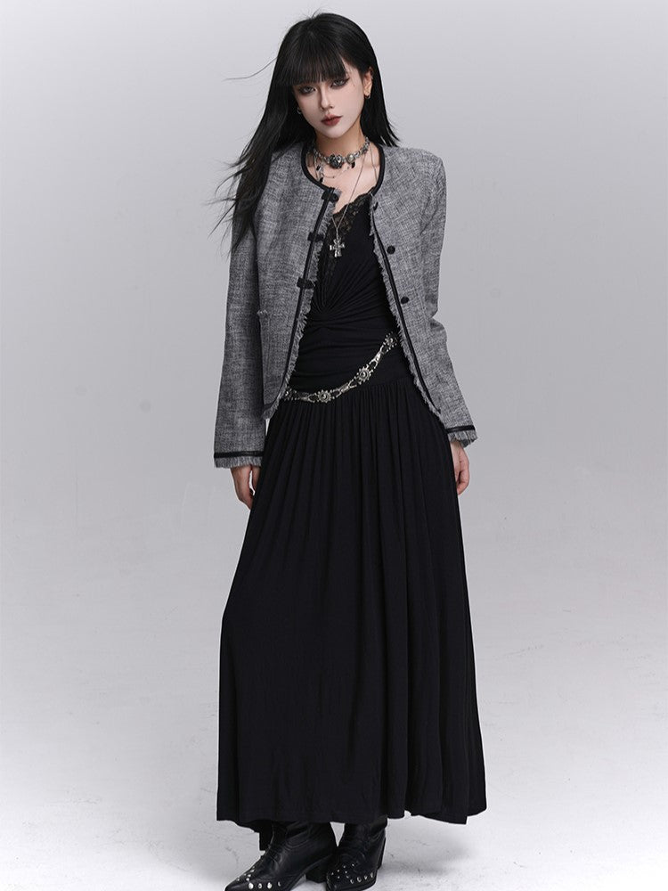 Ruched Detailing V-Neck with Lace Black Shoulders Maxi Gothic Dress Padded