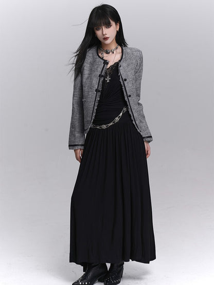 Ruched Detailing V-Neck with Lace Black Shoulders Maxi Gothic Dress Padded