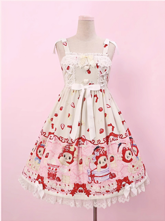 Beige Akzente Lolita Kleid JSK Erdbeere und Bär Druck Bowknot Chiffon Country Cottagecore