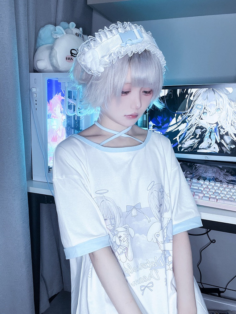 Neck Kawaii T-Shirt Yandere Angel Kei Top Light Blue Print Halter Style Jirai - Yami