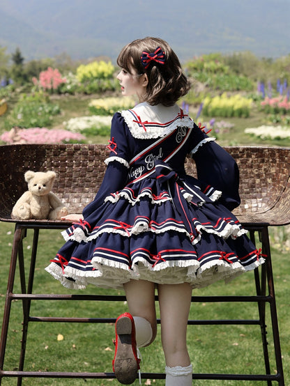 Lolita-Kleid, kurz, abnehmbar, Marineblau, mit Ärmeln, blau, Sommer-Matrosenkragen