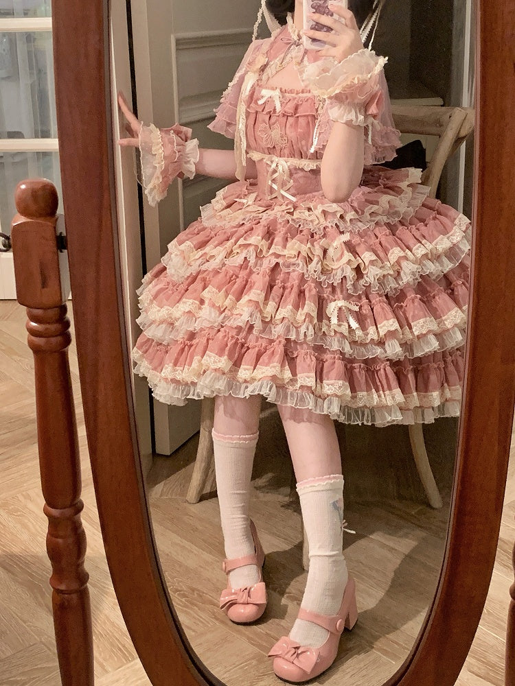 Lolita Ruffles Embroidery with Pink Lace Goldfish Details Dress Sweet and Tiered