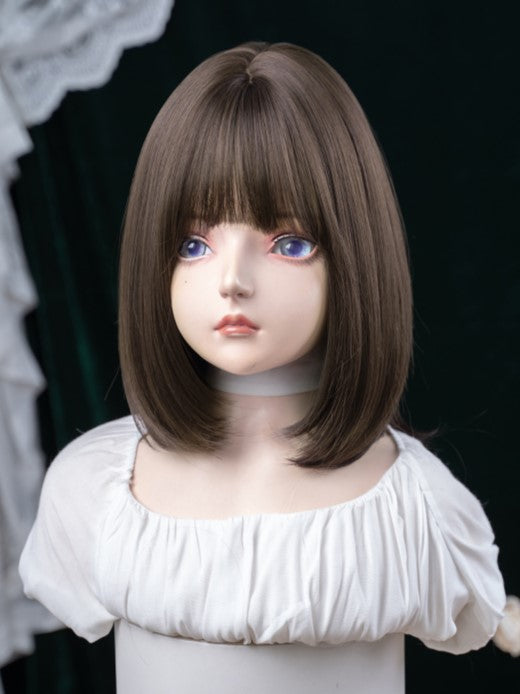 Length With Air Bangs Wig Synthetic Dark Brown 40CM