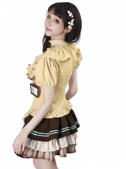 Tiered Skirt with Lace Trim and Plaid Heart Patch in Brown and Blue - PINK SAVIOR