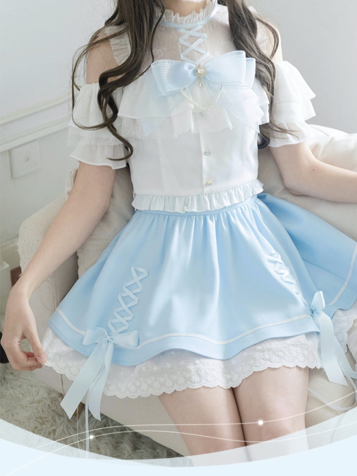 イリュージョンスカートショルダーブルークロスオープンホワイトデザイントップ+ネックラインケイセットジライ