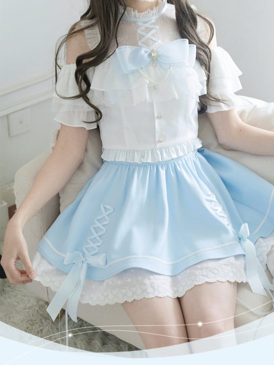 イリュージョンスカートショルダーブルークロスオープンホワイトデザイントップ+ネックラインケイセットジライ