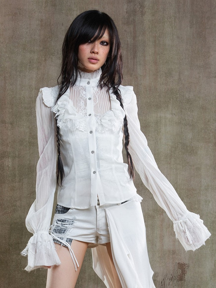 Beige Front Poet Semi-Sheer Blouse Chiffon Button Gothic Sleeves with