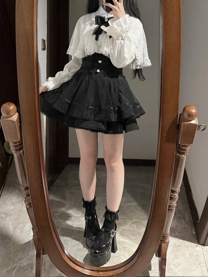 Skirt Kei High-Waist Tiered Heart-Shaped Accents Black Button with Jirai