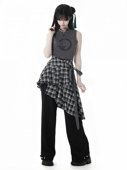 Dunkelgraues, kurzes, abnehmbares Tanktop mit Kranich-Print und Perlenketten