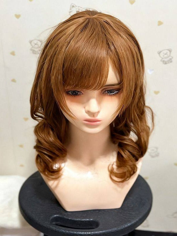 Honey Tea 45cm Short Wavy Curly Wig with Side Bangs - Hui Ran