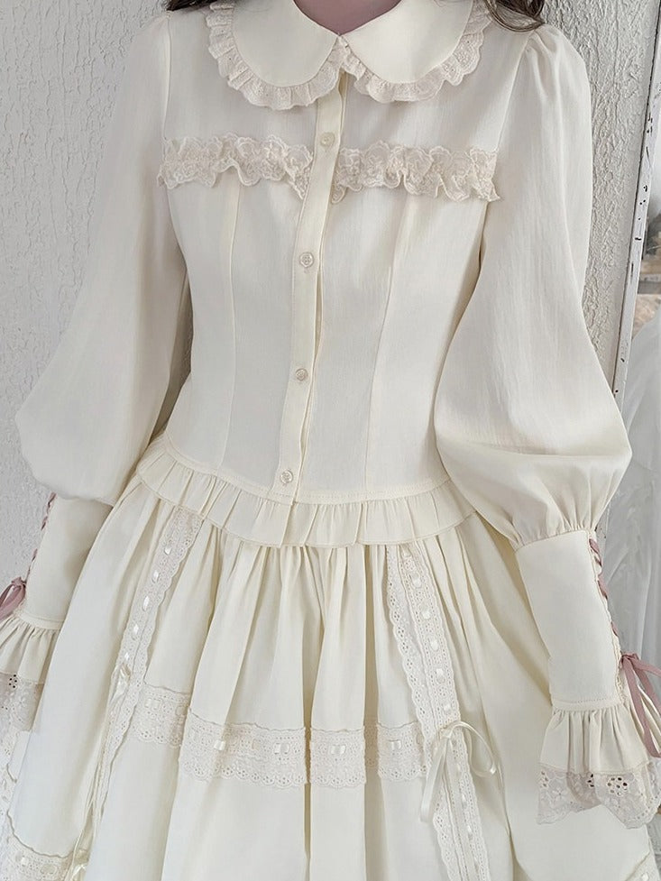 Lace-up Cuff Long Sleeve Blouse Lace Bow - Lan Jian Chuan