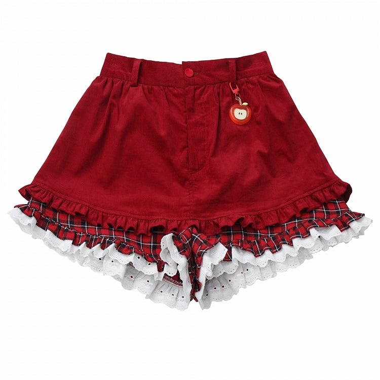 Trim Shorts Plaid Cuff with Red Ruffled Lace