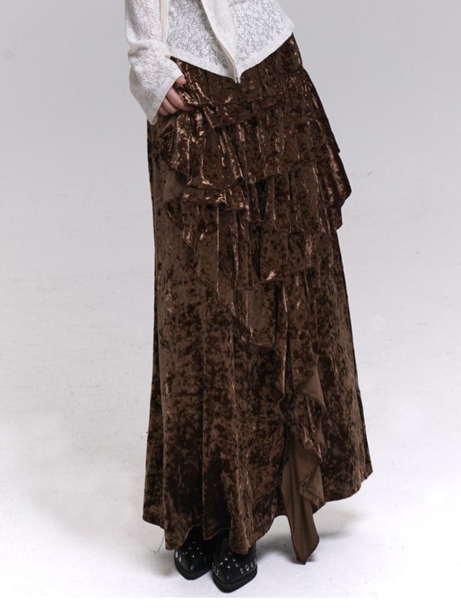 Black / Brown Velvet Maxi Skirt with Asymmetric Pleats and Cascading Ruffle Trim