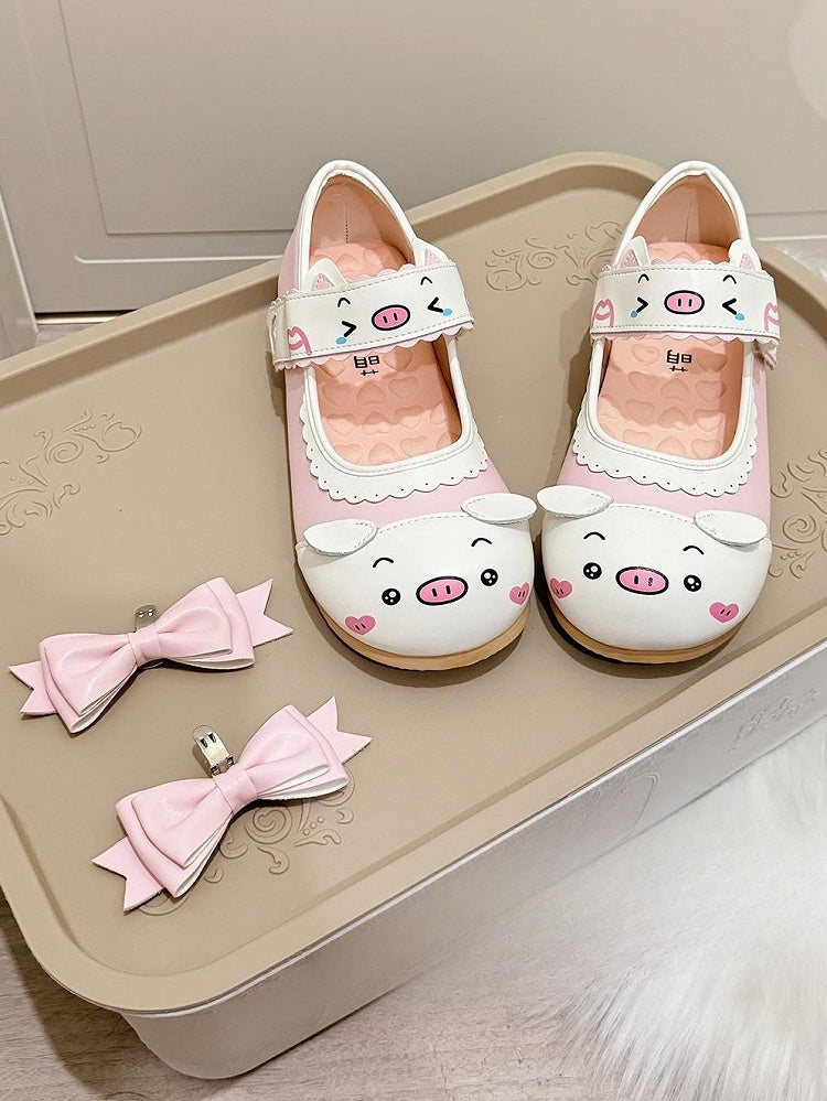Featuring Shoes Removable Pig Scalloped White Print Bow Trim PU Cute in - Flat