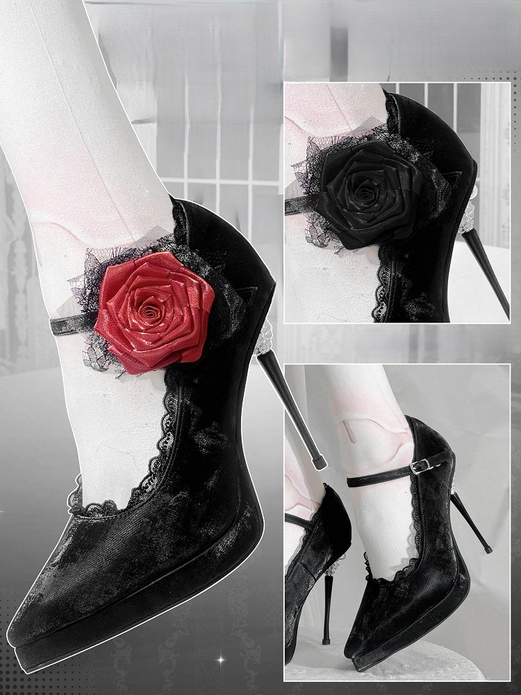 Floral Gothic Pointed Black Decorated Heels High Toe PU