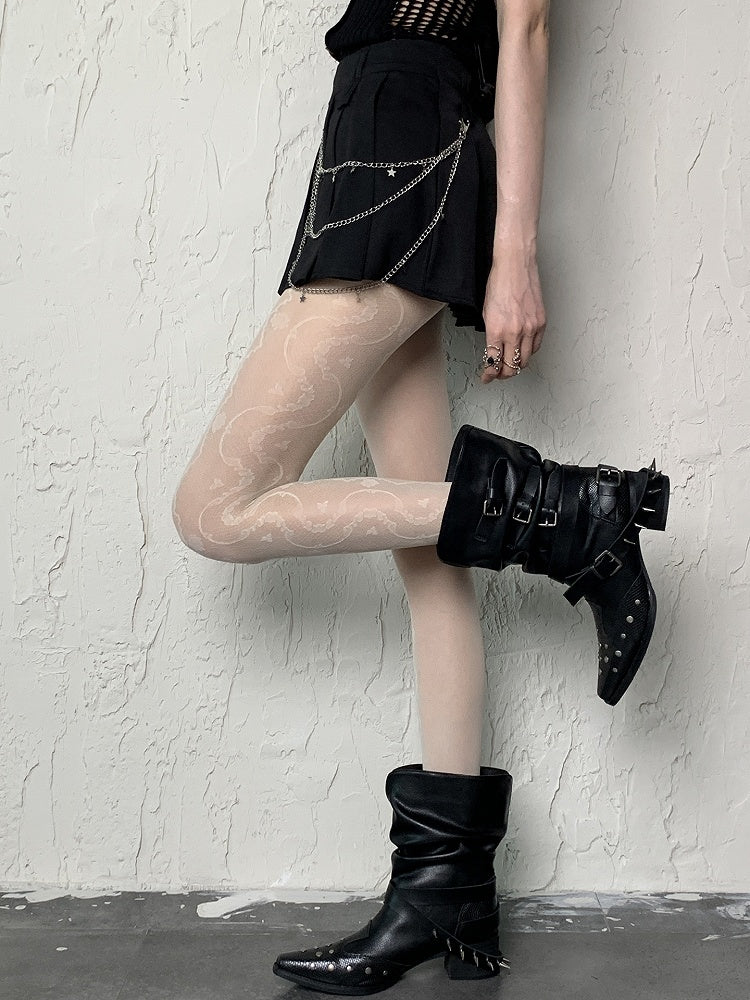 Black/White Pattern Floral Semi-sheer Side Y2K Tights