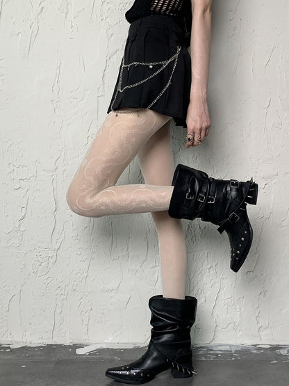 Black/White Pattern Floral Semi-sheer Side Y2K Tights